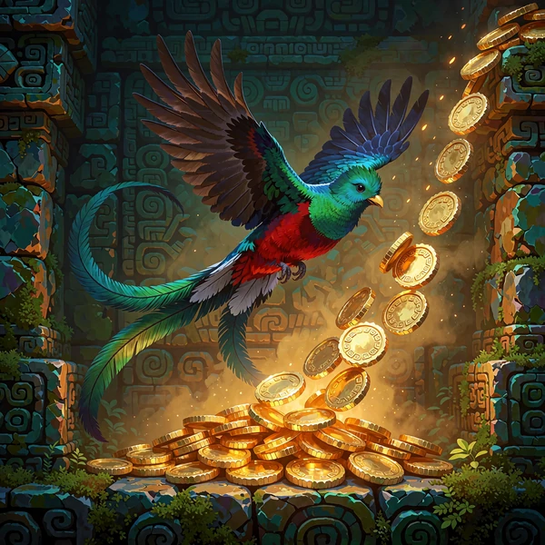 Ptak quetzal w locie nad spadającymi złotymi monetami - kategoria Quetzal Coins w Tikal Casino