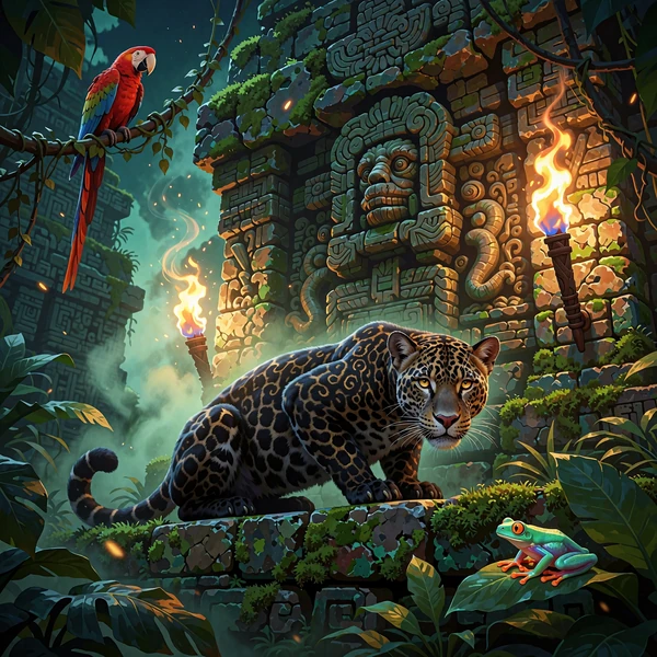 Czarny jaguar na mszystej p&oacute;łce świątyni z papugą ara i zieloną żabą - kategoria Mystic Wildlife w Tikal Casino