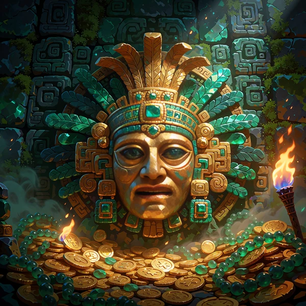 Złota maska słońca Maj&oacute;w z jadeitowymi oczami nad stosem monet - slot Treasures of Tikal w Tikal Casino